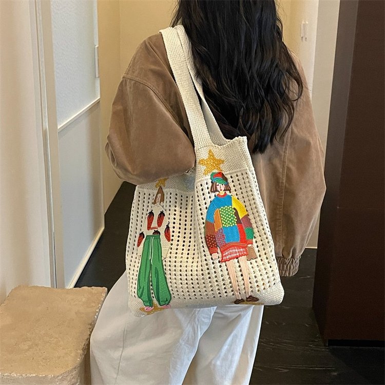 Women's Embroidered Crochet Tote Bag | Boho Shoulder Bag