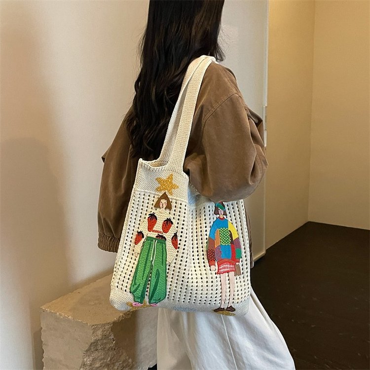 Women's Embroidered Crochet Tote Bag | Boho Shoulder Bag
