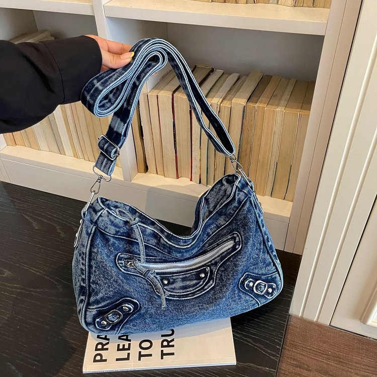 Women's Y2K Denim Shoulder Bag | Washed Multi-Pocket Hobo