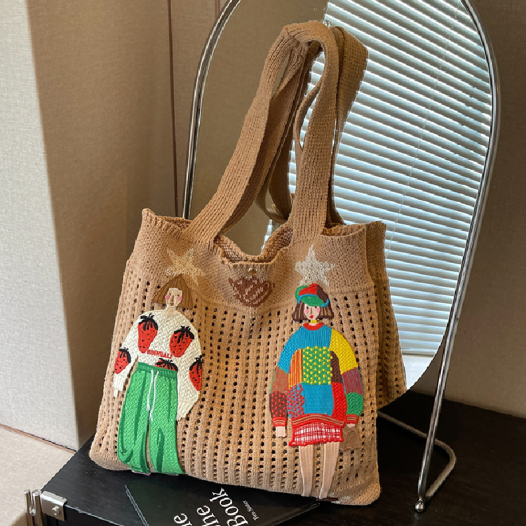 Women's Embroidered Crochet Tote Bag | Boho Shoulder Bag