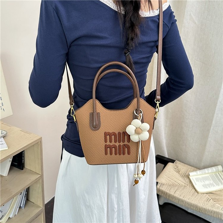 Brown Woven Tote Bag with Flower Charm and Shoulder Strap